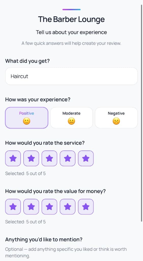 Review Helper screen asking a customer what they had, how the visit felt, and how they would rate the service.